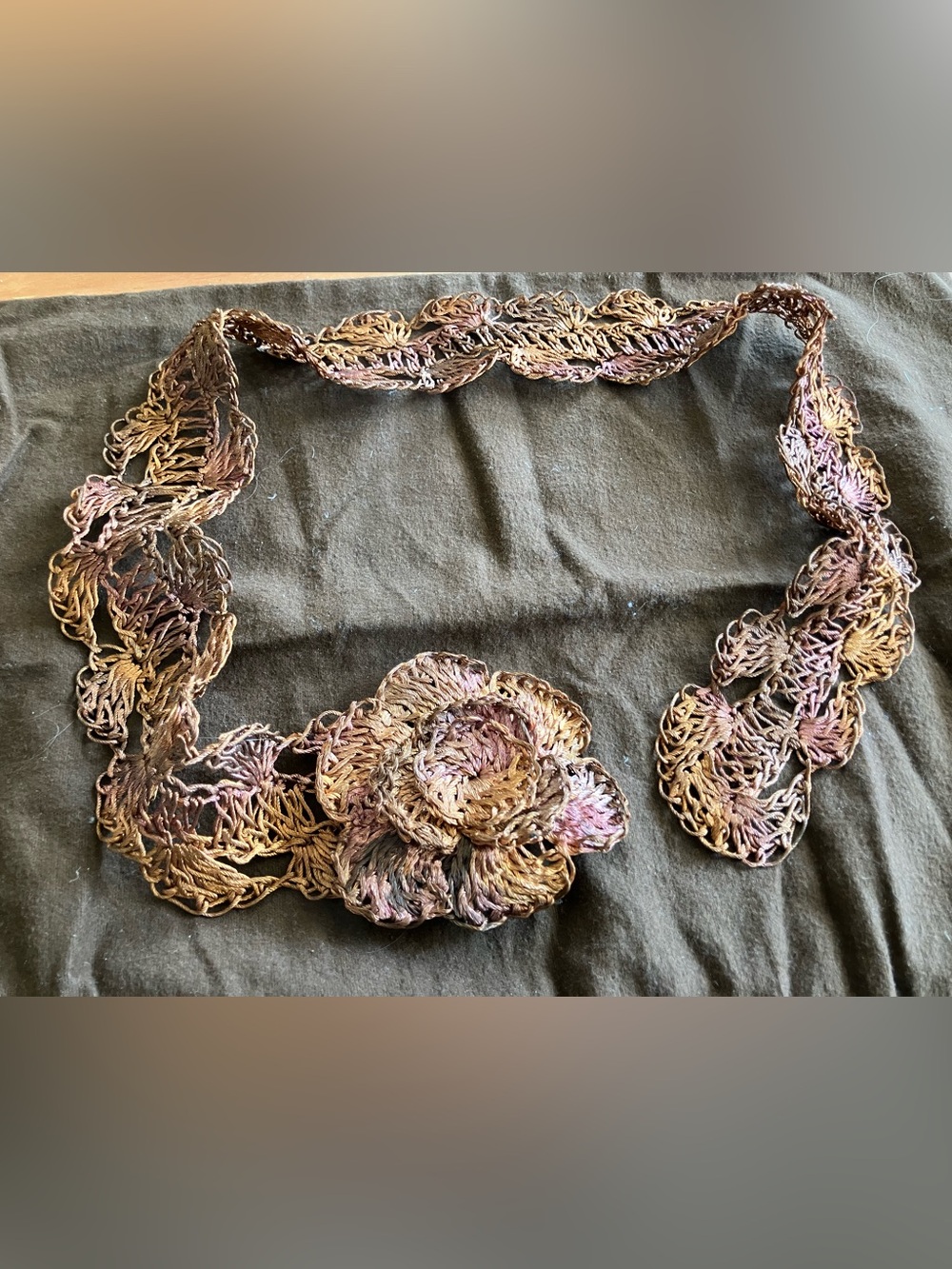 Handmade Crochet Flower Belt in Metallic Earth Tones